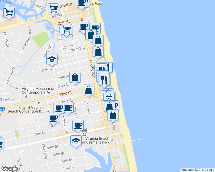 map of restaurants, bars, coffee shops, grocery stores, and more near 2201 Atlantic Avenue in Virginia Beach