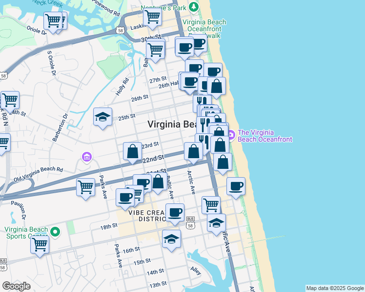 map of restaurants, bars, coffee shops, grocery stores, and more near in Virginia Beach