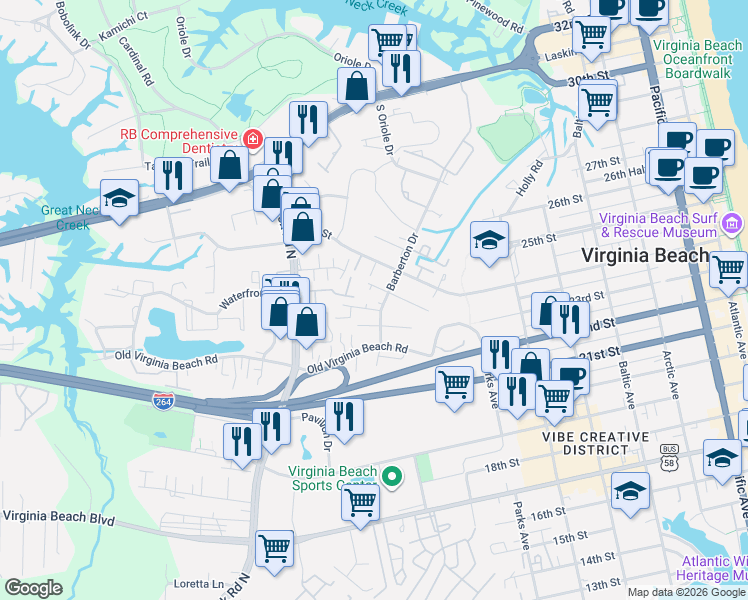 map of restaurants, bars, coffee shops, grocery stores, and more near 929 C Avenue in Virginia Beach
