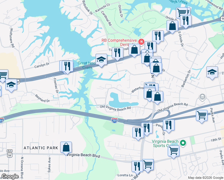 map of restaurants, bars, coffee shops, grocery stores, and more near 1238 Waterfront Drive in Virginia Beach