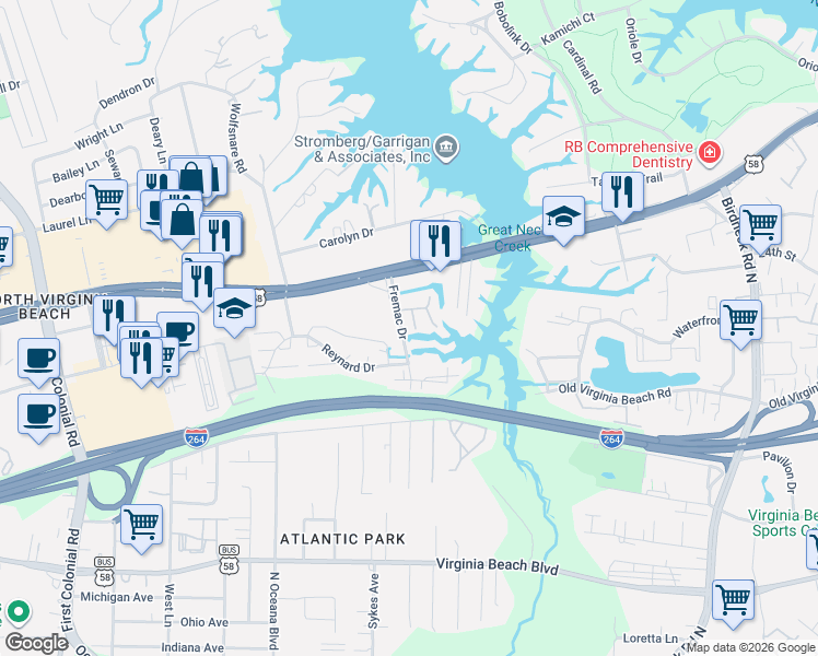 map of restaurants, bars, coffee shops, grocery stores, and more near 1326 Linkhorn Circle in Virginia Beach