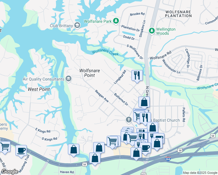 map of restaurants, bars, coffee shops, grocery stores, and more near 2515 Longleaf Court in Virginia Beach