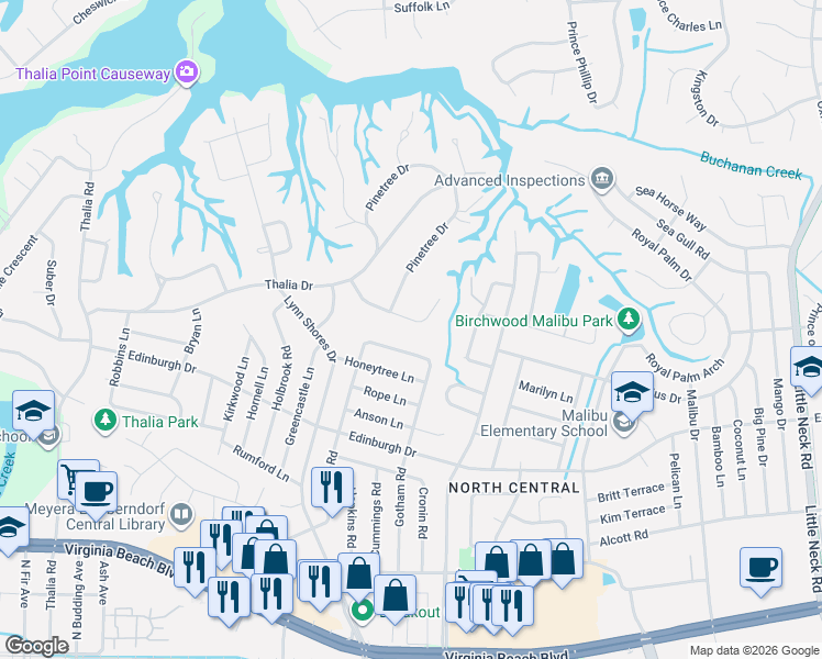 map of restaurants, bars, coffee shops, grocery stores, and more near 3832 Shadow Lane in Virginia Beach