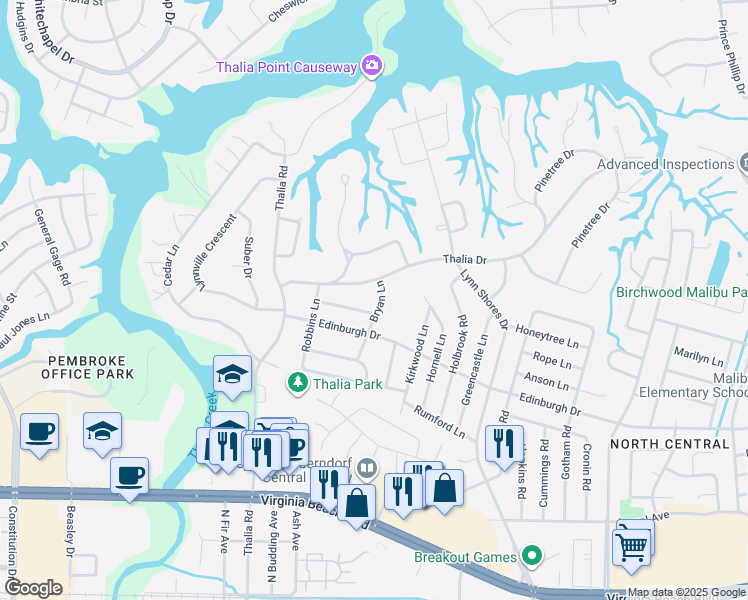 map of restaurants, bars, coffee shops, grocery stores, and more near 4117 Thalia Drive in Virginia Beach