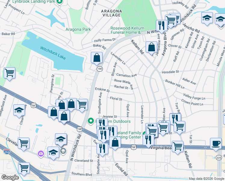 map of restaurants, bars, coffee shops, grocery stores, and more near 4949 Rachel Street in Virginia Beach