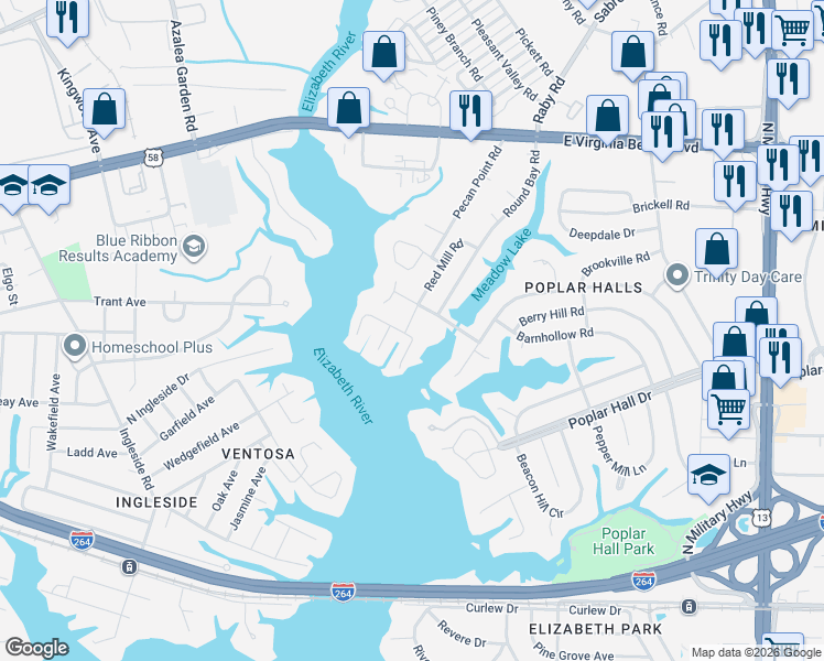 map of restaurants, bars, coffee shops, grocery stores, and more near 703 Red Mill Road in Norfolk