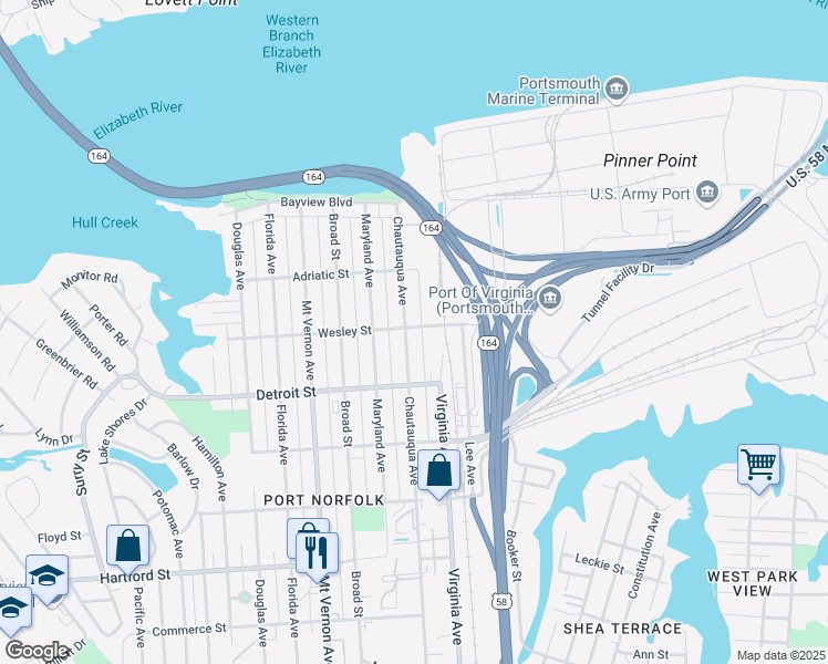 map of restaurants, bars, coffee shops, grocery stores, and more near 2409 Wesley Street in Portsmouth
