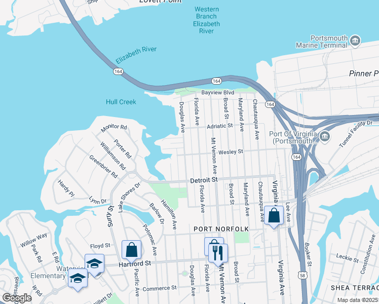 map of restaurants, bars, coffee shops, grocery stores, and more near 238 Douglas Avenue in Portsmouth