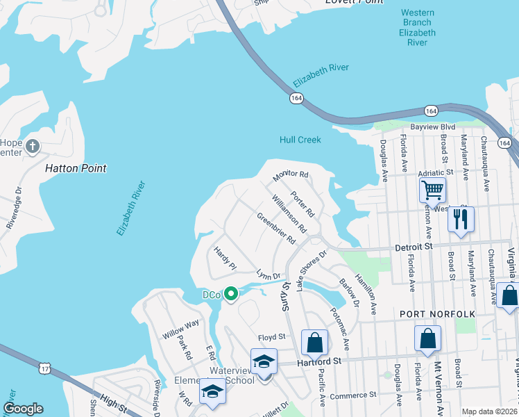 map of restaurants, bars, coffee shops, grocery stores, and more near 102 Llewellyn Street in Portsmouth