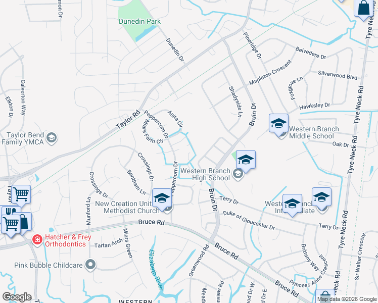 map of restaurants, bars, coffee shops, grocery stores, and more near 4407 Clove Court in Chesapeake