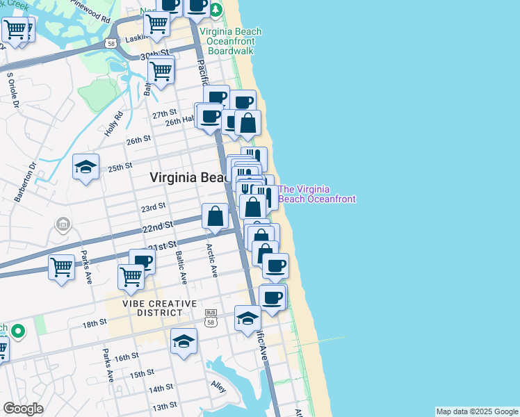 map of restaurants, bars, coffee shops, grocery stores, and more near 2201 Atlantic Avenue in Virginia Beach