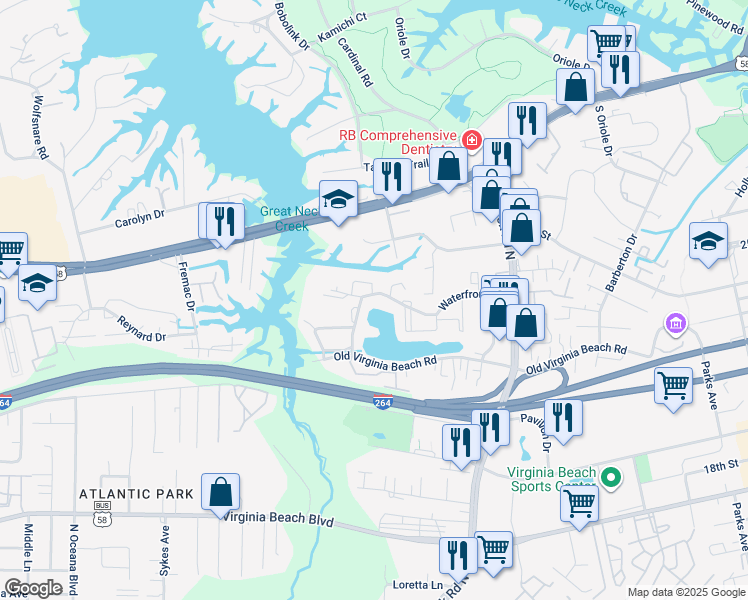 map of restaurants, bars, coffee shops, grocery stores, and more near 1201 Waterfront Drive in Virginia Beach