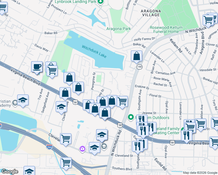 map of restaurants, bars, coffee shops, grocery stores, and more near 408 Spring Court in Virginia Beach