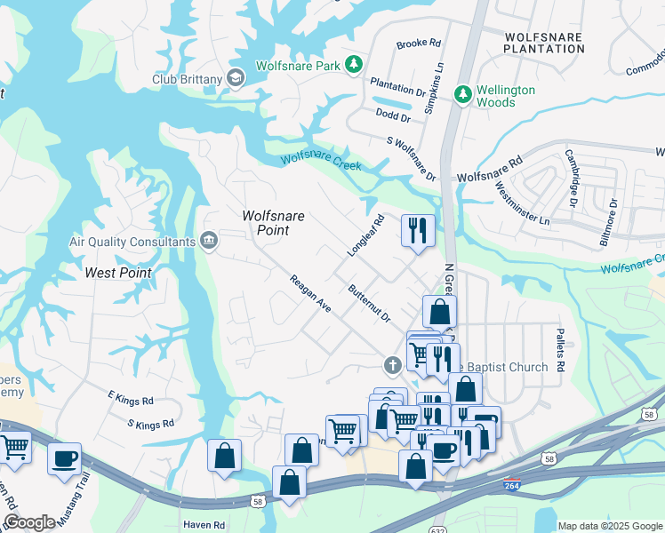 map of restaurants, bars, coffee shops, grocery stores, and more near 2515 Longleaf Court in Virginia Beach