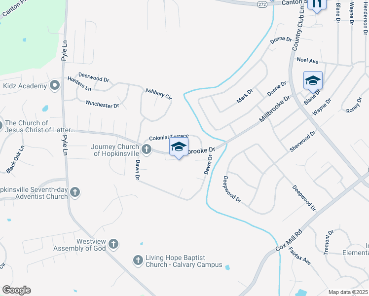 map of restaurants, bars, coffee shops, grocery stores, and more near 408 Millbrooke Drive in Hopkinsville