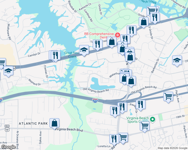 map of restaurants, bars, coffee shops, grocery stores, and more near 1201 Waterfront Drive in Virginia Beach