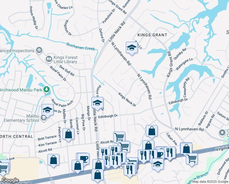 map of restaurants, bars, coffee shops, grocery stores, and more near 3397 Kings Neck Drive in Virginia Beach