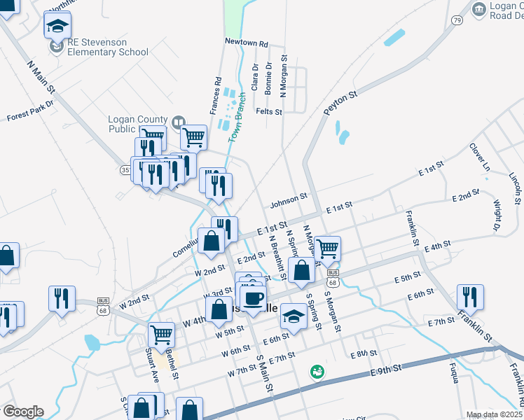 map of restaurants, bars, coffee shops, grocery stores, and more near 409 North Breathitt Street in Russellville