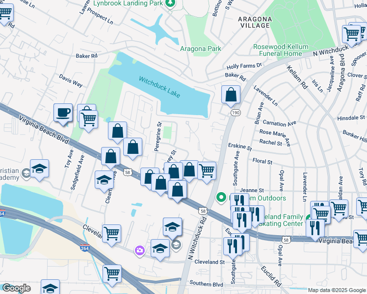 map of restaurants, bars, coffee shops, grocery stores, and more near 5150 Condor Street in Virginia Beach
