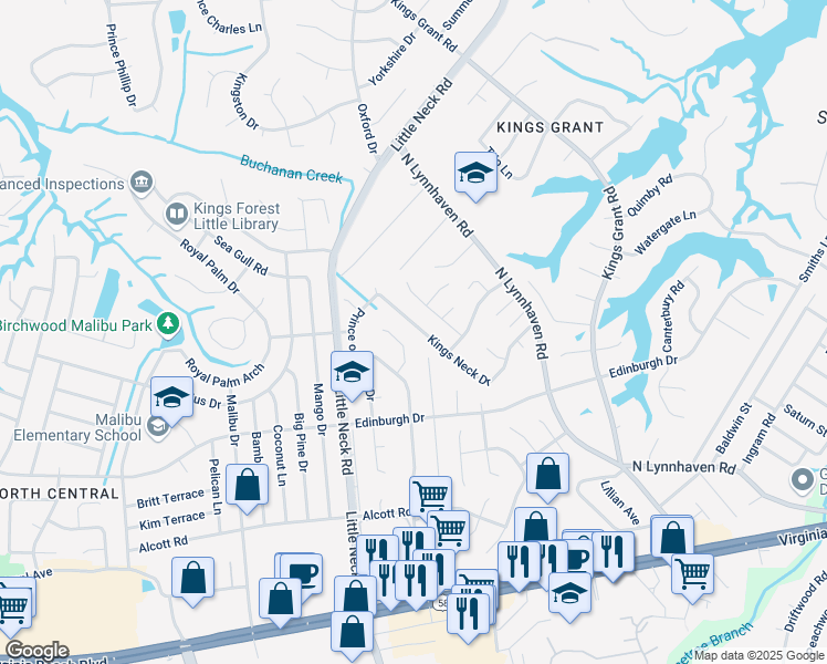 map of restaurants, bars, coffee shops, grocery stores, and more near 3397 Kings Neck Drive in Virginia Beach