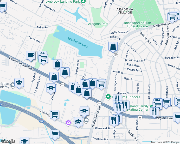 map of restaurants, bars, coffee shops, grocery stores, and more near 5150 Condor Street in Virginia Beach