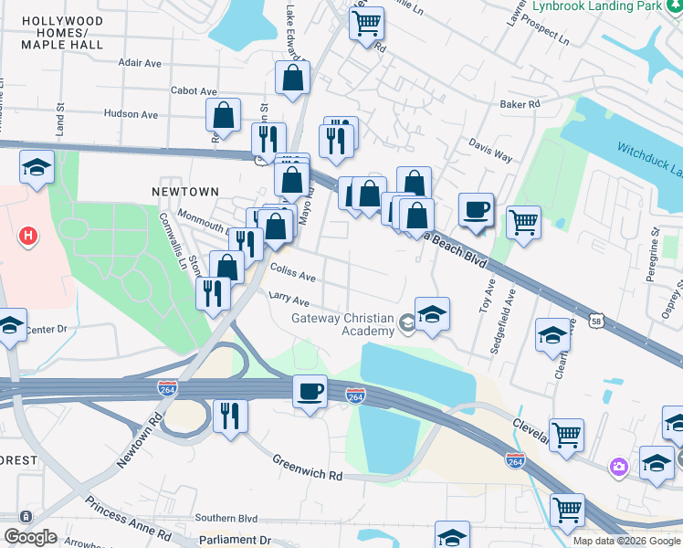 map of restaurants, bars, coffee shops, grocery stores, and more near 250 Fair Meadows Road in Virginia Beach
