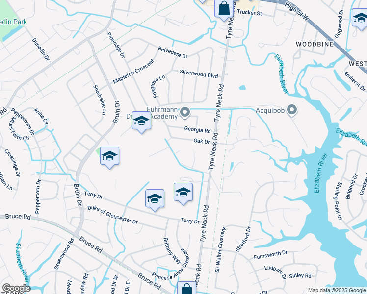 map of restaurants, bars, coffee shops, grocery stores, and more near 3117 Woodcroft Lane in Chesapeake