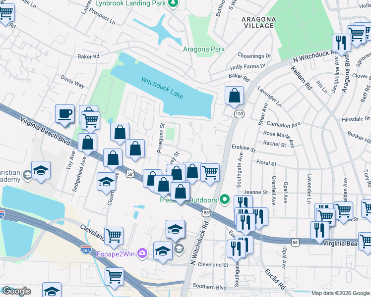 map of restaurants, bars, coffee shops, grocery stores, and more near 408 Spring Court in Virginia Beach