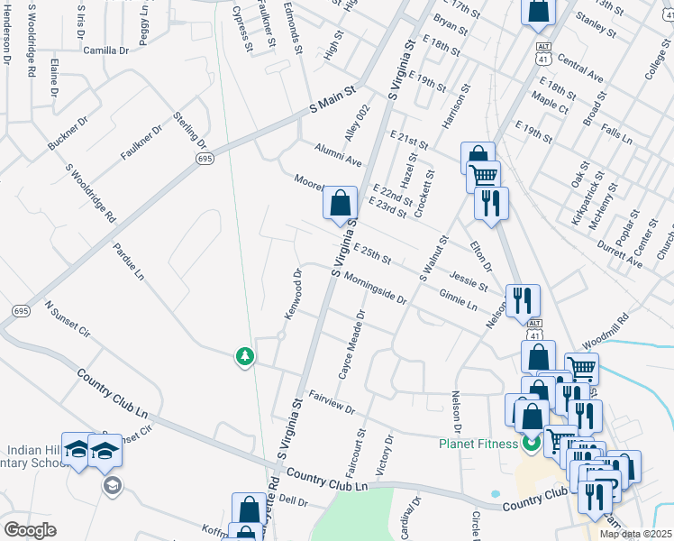 map of restaurants, bars, coffee shops, grocery stores, and more near 2601 South Virginia Street in Hopkinsville