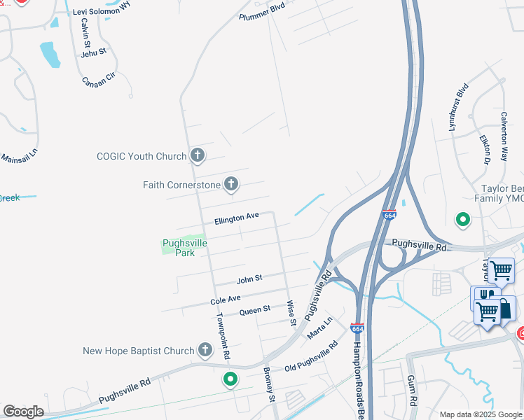 map of restaurants, bars, coffee shops, grocery stores, and more near 4536 Ellington Avenue in Suffolk