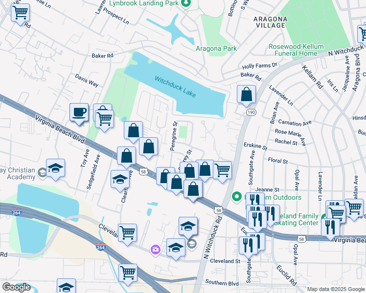 map of restaurants, bars, coffee shops, grocery stores, and more near 585 Peregrine Street in Virginia Beach