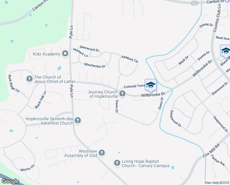 map of restaurants, bars, coffee shops, grocery stores, and more near 505 Millbrooke Drive in Hopkinsville