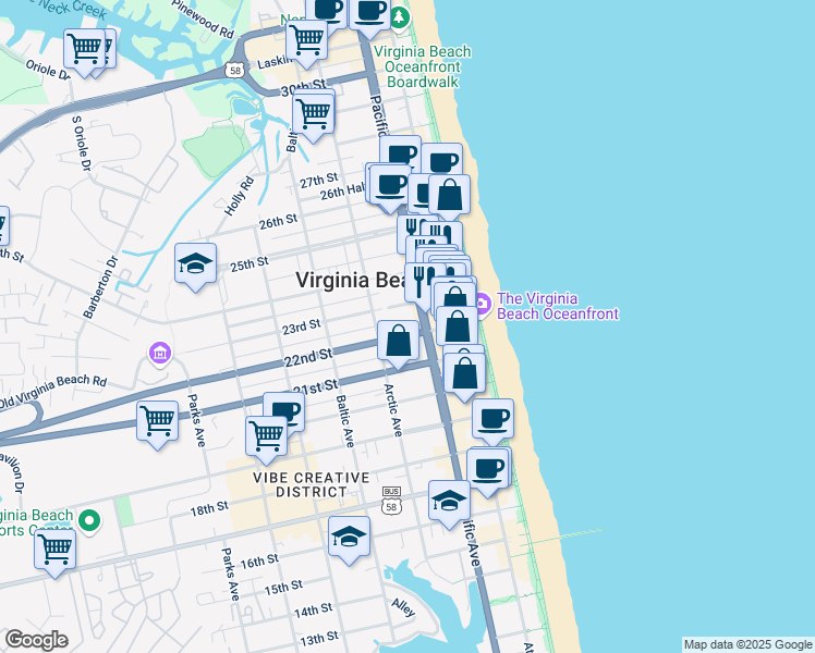 map of restaurants, bars, coffee shops, grocery stores, and more near 308 23rd Street in Virginia Beach