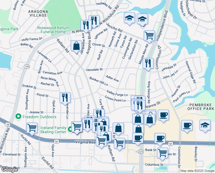 map of restaurants, bars, coffee shops, grocery stores, and more near 4716 Bunker Hill Lane in Virginia Beach