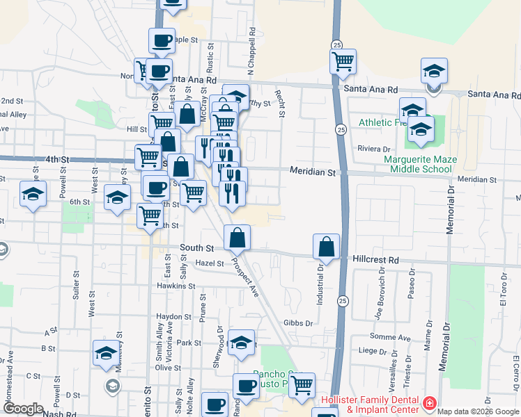 map of restaurants, bars, coffee shops, grocery stores, and more near 890 Las Palmas Drive in Hollister