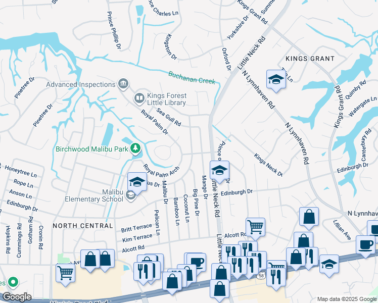 map of restaurants, bars, coffee shops, grocery stores, and more near 601 Virginius Drive in Virginia Beach