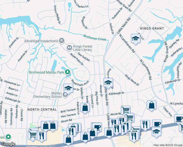 map of restaurants, bars, coffee shops, grocery stores, and more near 500 Royal Palm Drive in Virginia Beach