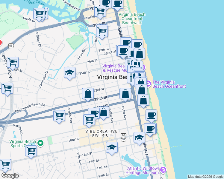 map of restaurants, bars, coffee shops, grocery stores, and more near in Virginia Beach