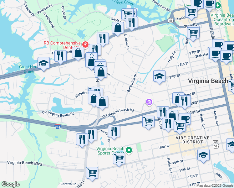 map of restaurants, bars, coffee shops, grocery stores, and more near 3498 Marabou Lane in Virginia Beach
