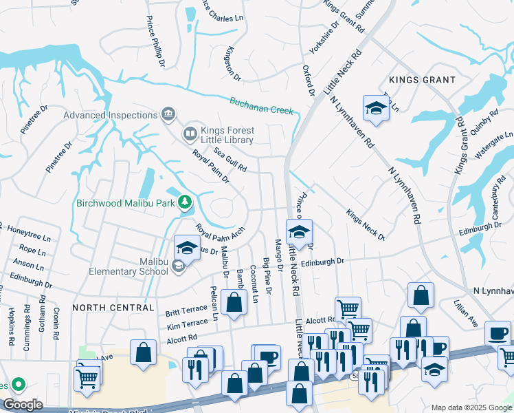 map of restaurants, bars, coffee shops, grocery stores, and more near 601 Virginius Drive in Virginia Beach