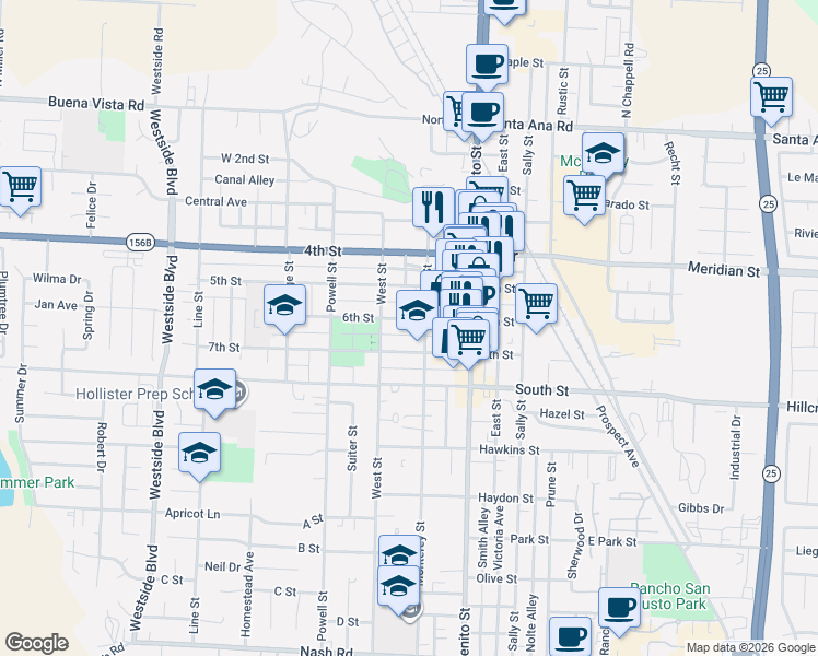 map of restaurants, bars, coffee shops, grocery stores, and more near 575 Monterey Street in Hollister