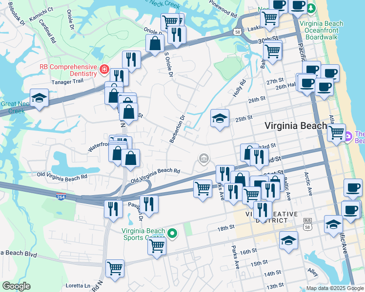 map of restaurants, bars, coffee shops, grocery stores, and more near 830 24th Street in Virginia Beach
