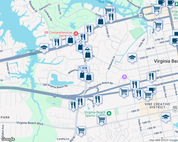 map of restaurants, bars, coffee shops, grocery stores, and more near 3433 Marabou Lane in Virginia Beach