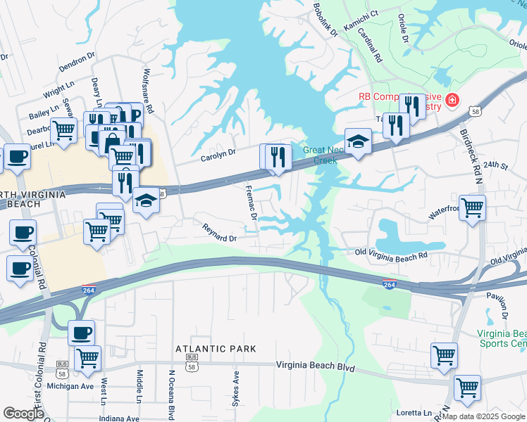 map of restaurants, bars, coffee shops, grocery stores, and more near 1326 Linkhorn Circle in Virginia Beach