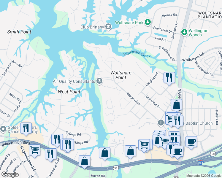 map of restaurants, bars, coffee shops, grocery stores, and more near 2610 Cove Point Place in Virginia Beach