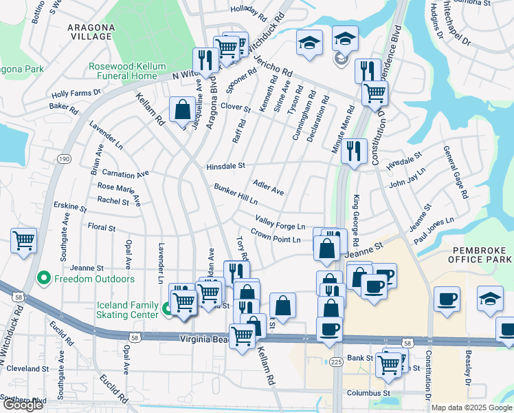map of restaurants, bars, coffee shops, grocery stores, and more near 4716 Bunker Hill Lane in Virginia Beach
