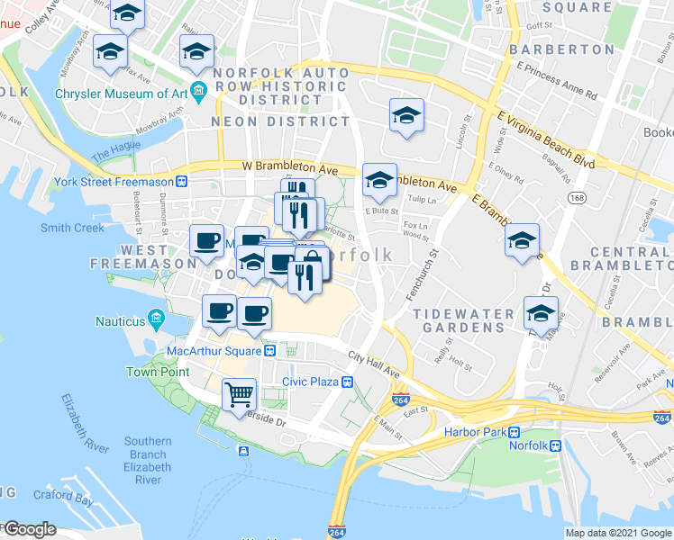 map of restaurants, bars, coffee shops, grocery stores, and more near 409 Bank Street in Norfolk