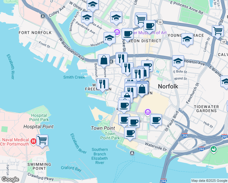map of restaurants, bars, coffee shops, grocery stores, and more near 227 College Place in Norfolk