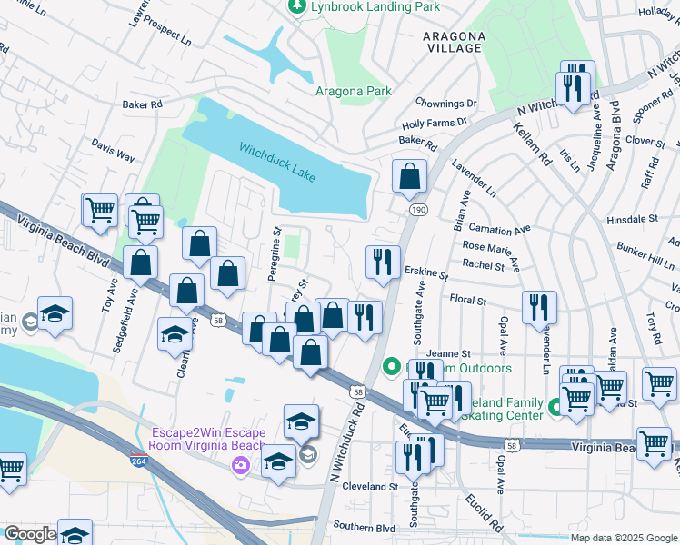 map of restaurants, bars, coffee shops, grocery stores, and more near 408 Spring Court in Virginia Beach