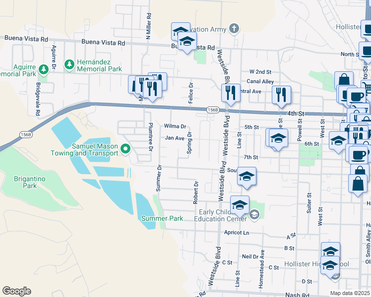 map of restaurants, bars, coffee shops, grocery stores, and more near 630 Spring Drive in Hollister